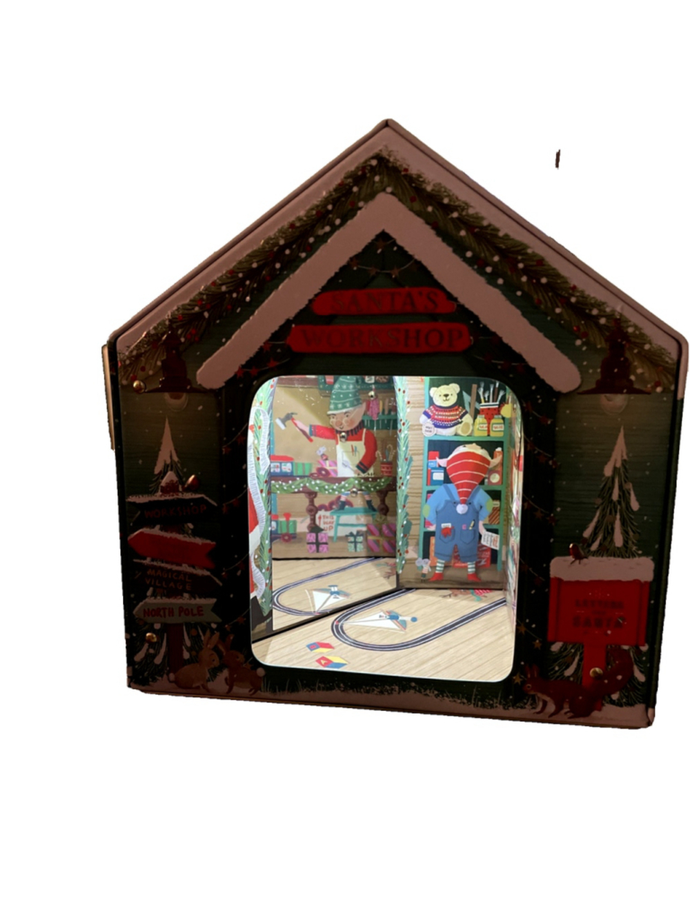 M&S Empty Musical Light Up Animated Christmas Metal Tin House Santa's Workshop